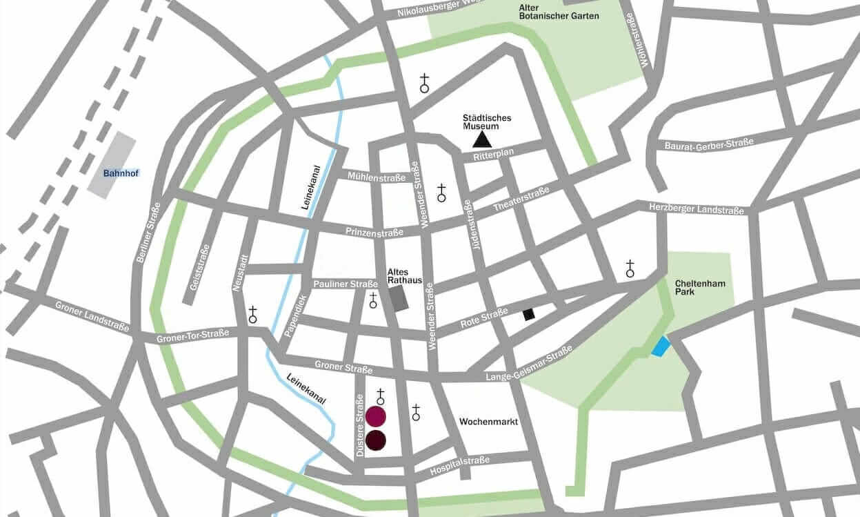 Stadt Karte von göttingen mit zwei hervorgehobene Punkten in der düsteren Straße 6 und sieben und diese Gebäude wird es auch in den kommenden Texten gehen