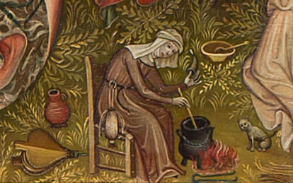 Gemäldeausschnitt. Zu sehen ist eine Frau mit weißem Kopftuch, die mit einem langen Holzstab in einem Grapen rührt. Der Graben steht auf einer offenen Feuerstelle. Der Bildausschnitt stammt von Göttinger Barfüßeraltar, der heute im Landesmuseum Hannover steht.